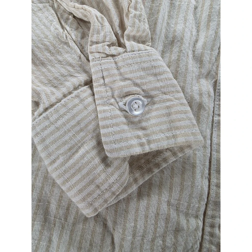 Japna M Tan‎ Beige Striped Boyfriend Button Up Linen Blend Casual Shirt Blouse